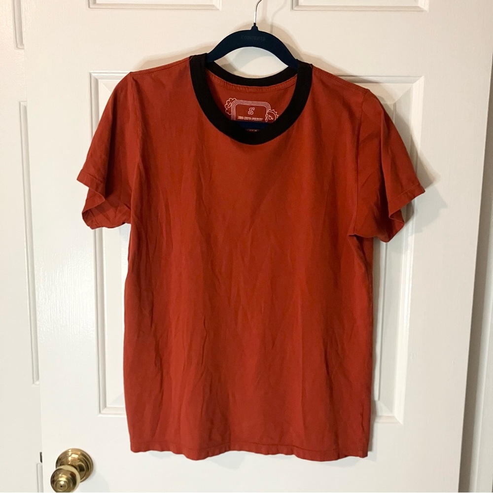 Big Bud Press ringer tee, unisex small, burnt orange and black